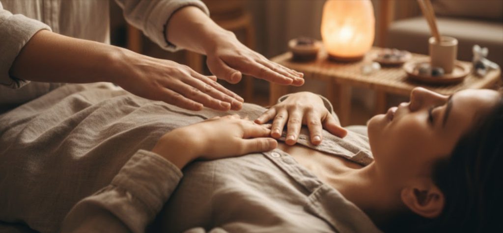 Reiki energy healing hands over heart to promote inner peace
